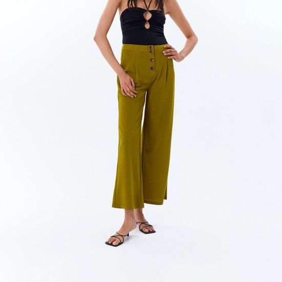 Pantalon Sfera Mujer Efecto Lino Botones Verde