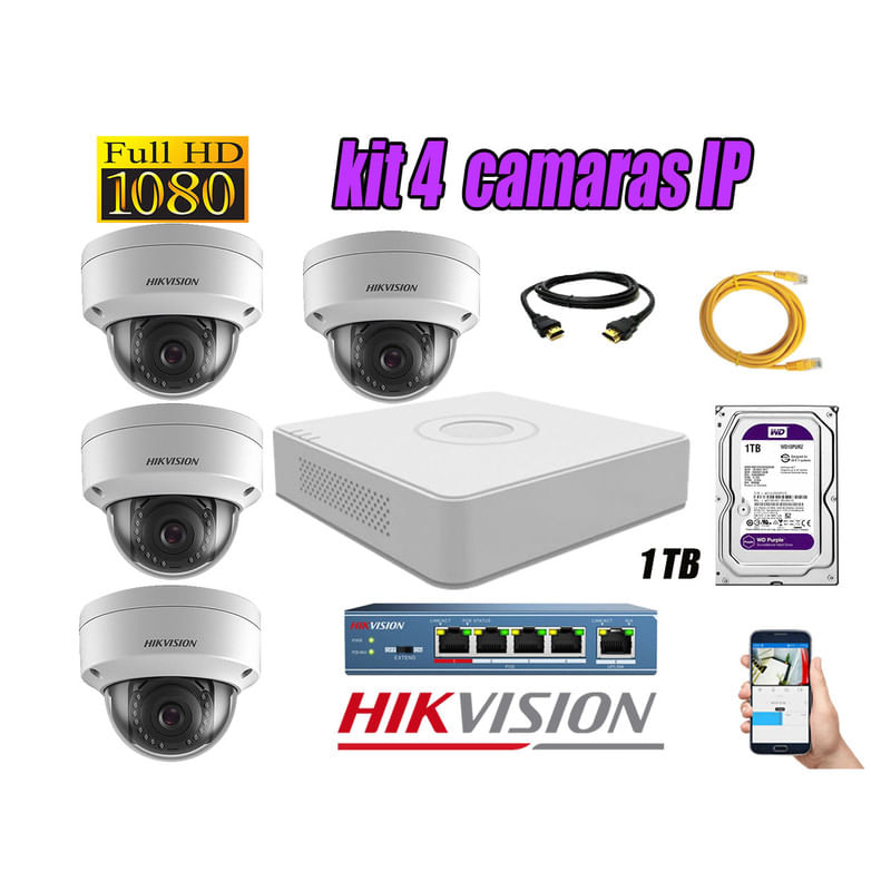 Kit 4 Cámaras de Seguridad Ip Interior Hikvision mas Disco 1Tb Wd Púrpura