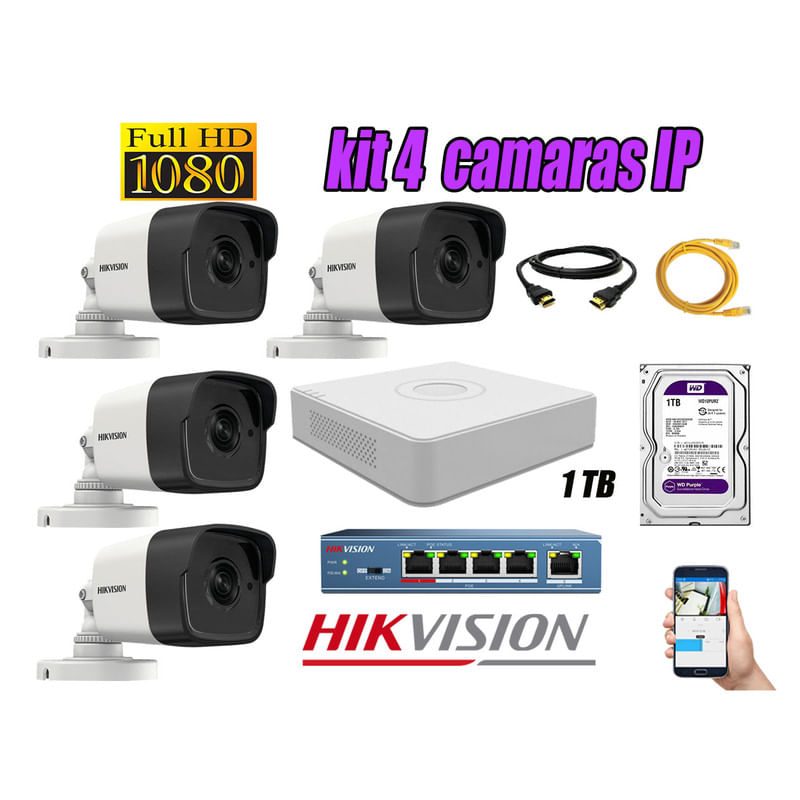 Kit 4 Cámaras de Seguridad Ip Exterior Hikvision mas Disco 1Tb Wd Púrpura