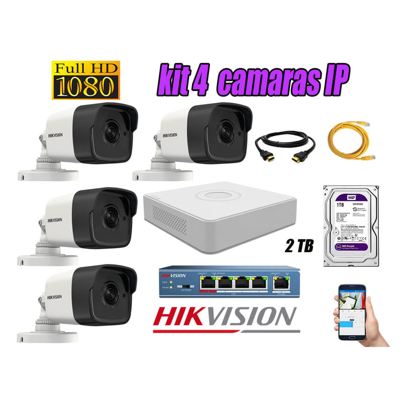 Kit 4 Cámaras de Seguridad Ip Exterior Hikvision mas Disco 2Tb Wd Púrpura