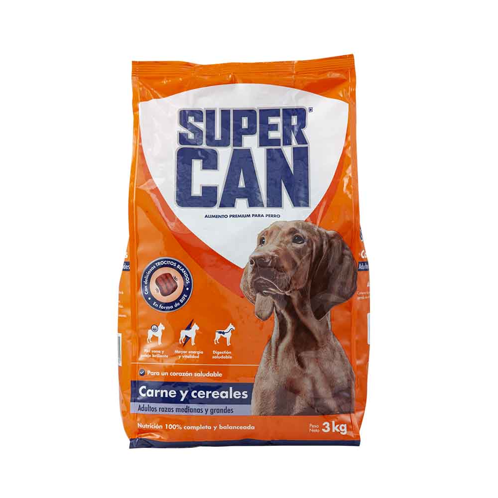 Comida para Perros SUPERCAN Adultos Razas Medianas y Grandes Sabor Carne y Cereal Bolsa 3Kg