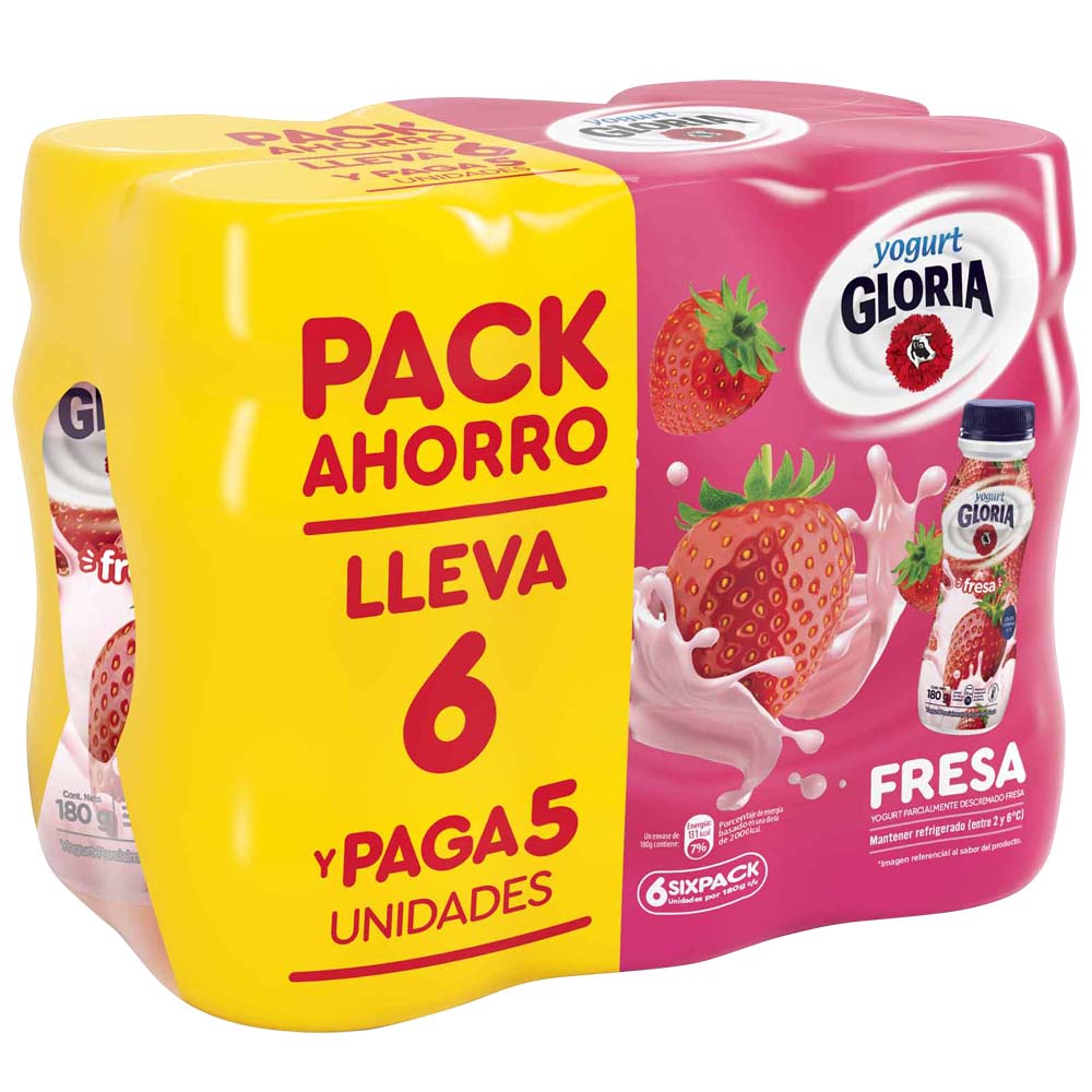 Yogurt Parcialmente Descremado GLORIA Sabor a Fresa Botella 180g Paquete 6un