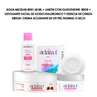 Agua Micelar 4EN1 60 ml + Jabón con Glutathione  80gr + Exfoliante Facial de Acido Hialuronico y Ese