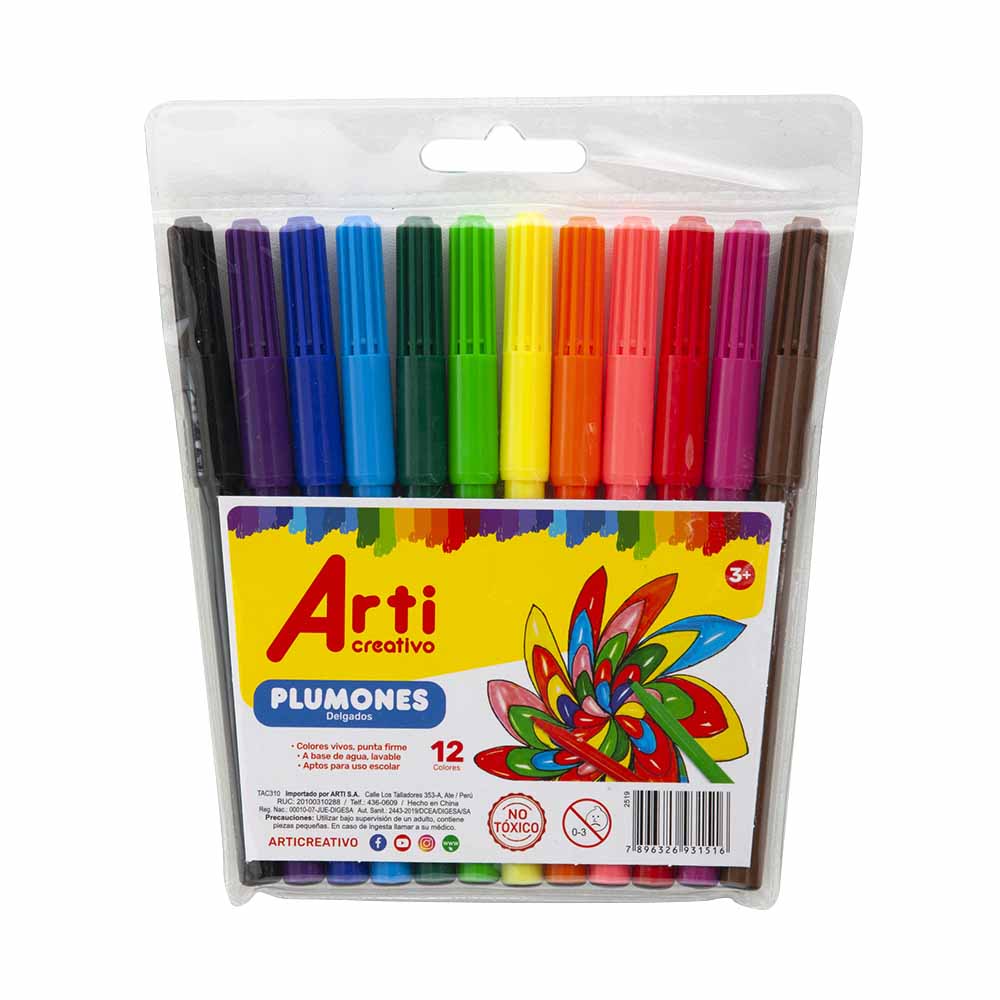 Plumones Delgados ARTI CREATIVO Paquete 12un