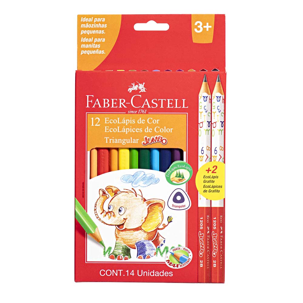 Colores FABER-CASTELL Triangular Jumbo Caja 12un + 2 Lápices