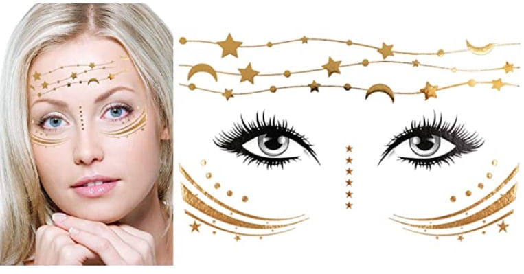 Glitter dorado lunas y estrellas estilo tatuaje temporal para rostro fiestas conciertos rave festiva