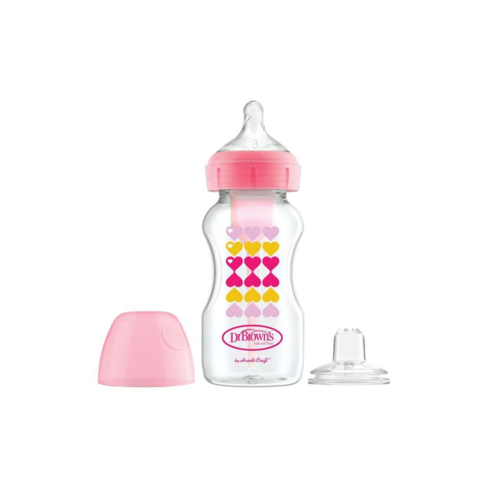 Biberón Dr Browns Kit De Transición 2 En 1 Boca Ancha Polipropileno 9 Oz/270Ml Corazones Rosa