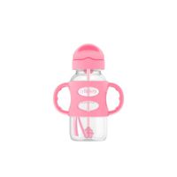 Biberón Para Bebe Dr Browns De Transición Con Cañita Y Asas De Silicona Boca Ancha 9 Oz/270Ml Color Rosa