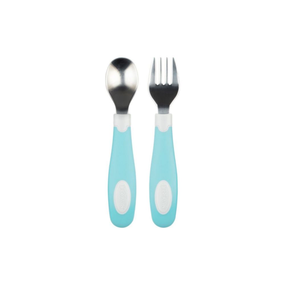 Set De Cuchara Y Tenedor Dr Browns De Agarre Suave Celeste