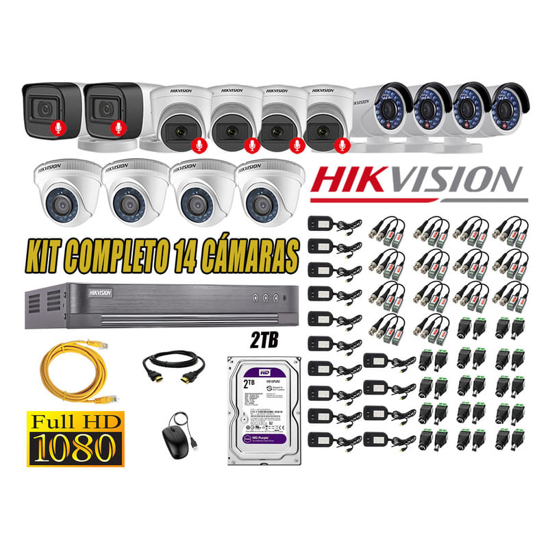 Kit 14 Cámaras de Seguridad Hikvision 6 Camara Audio Incorporado Full HD 1080p