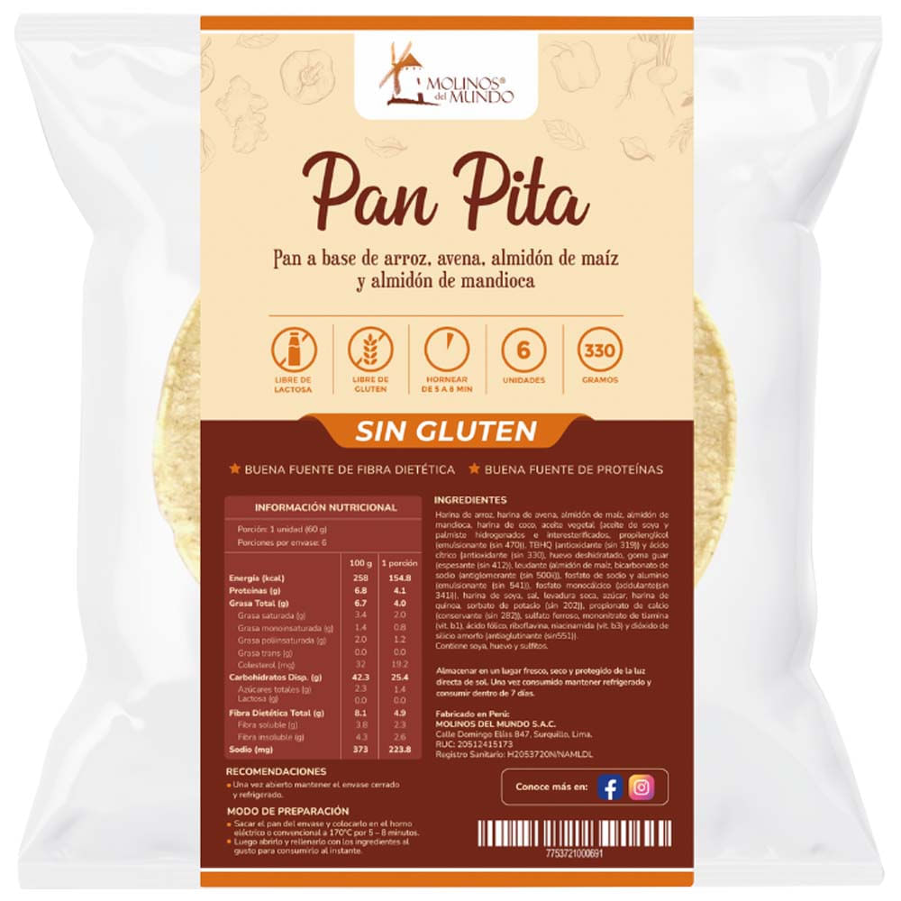 Pan Pita sin Gluten MOLINOS DEL MUNDO Bolsa 6un