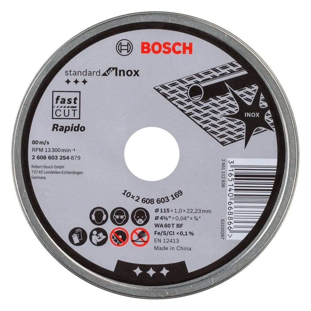 Set Metal Bosch con 10 Discos corte Standard Inoxidable 115x1.0