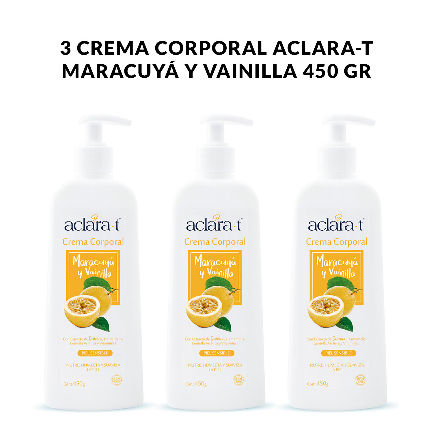 3 Crema Corporal Aclara-T Maracuyá y Vainilla 450gr