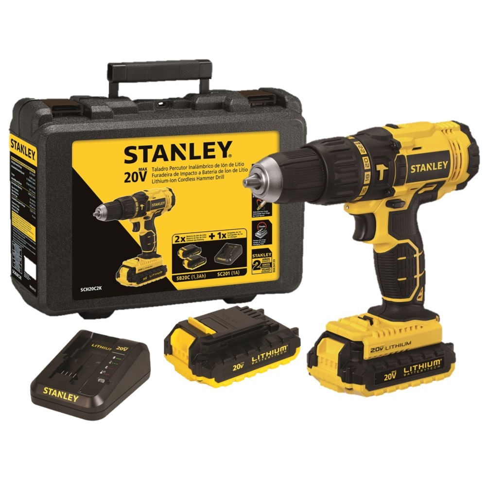 Taladro Percutor Stanley SCH20C2K 20v de Litio 1/2"" + Maleta
