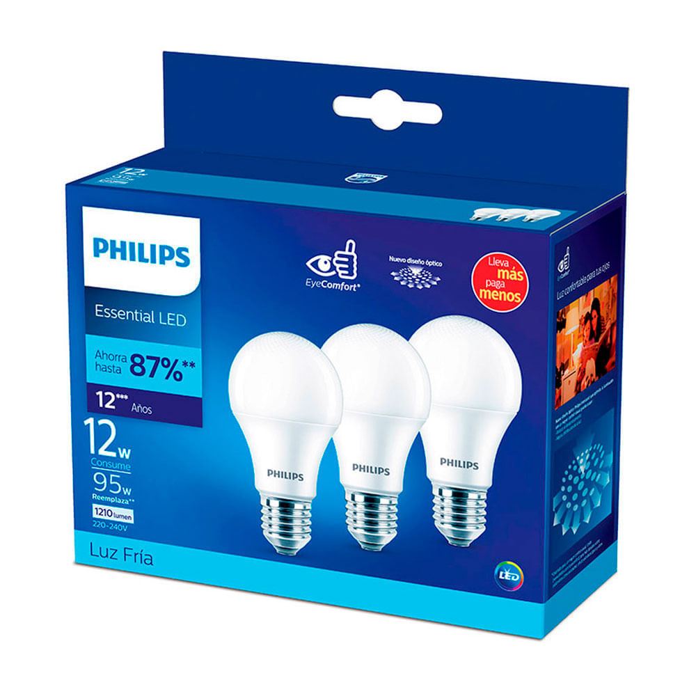 Foco LED Philips E27 12W Luz Fría x 3 unidades