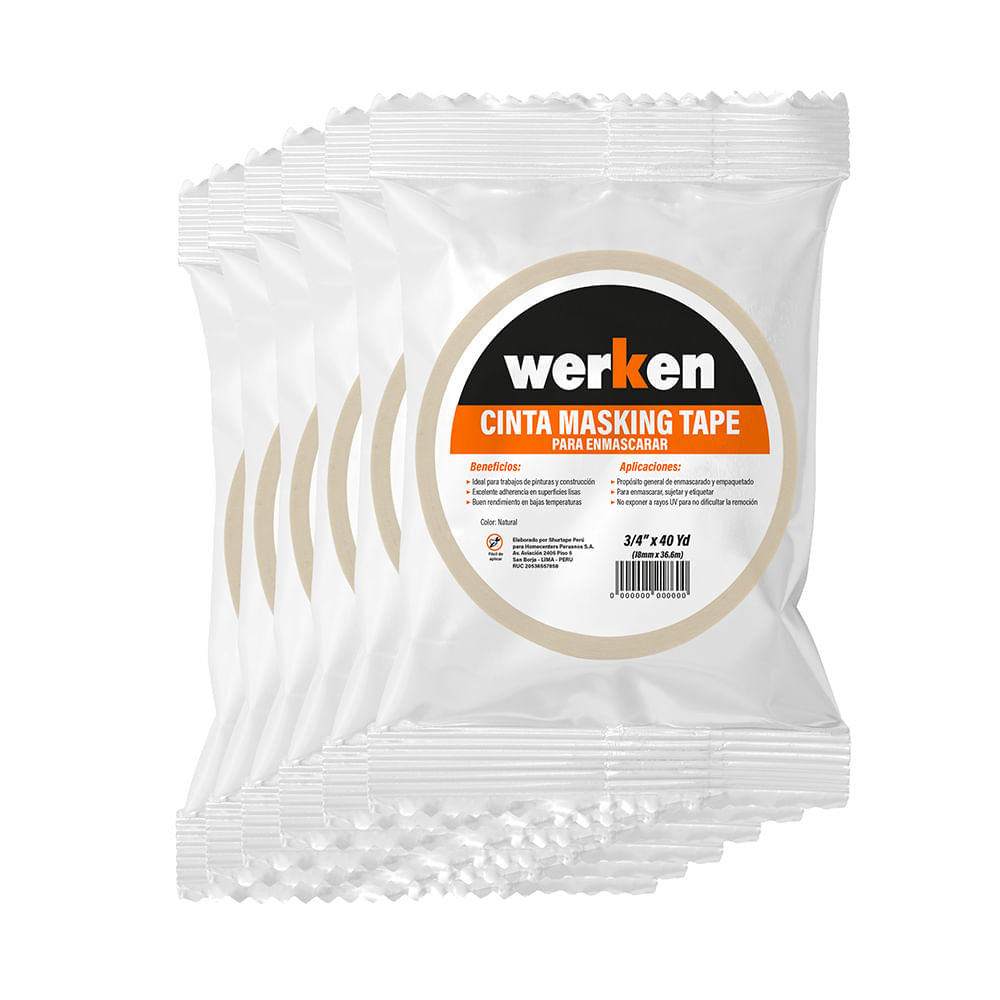 Cinta Masking Tape Multiuso 3/4"" x 40yd (12mmx36m) Werken - 6 unidades