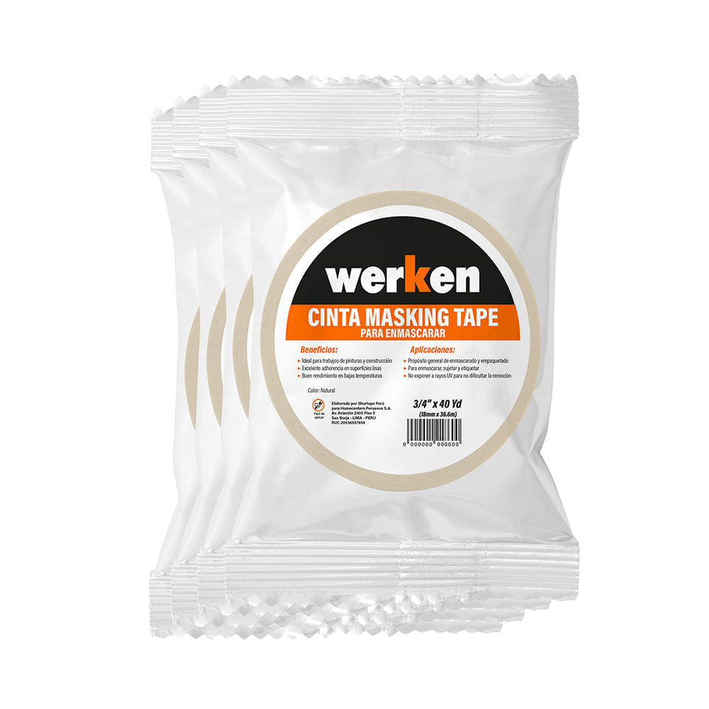 Cinta Masking Tape Multiuso 3/4"" x 40yd (12mmx36m) Werken - 4 unidades