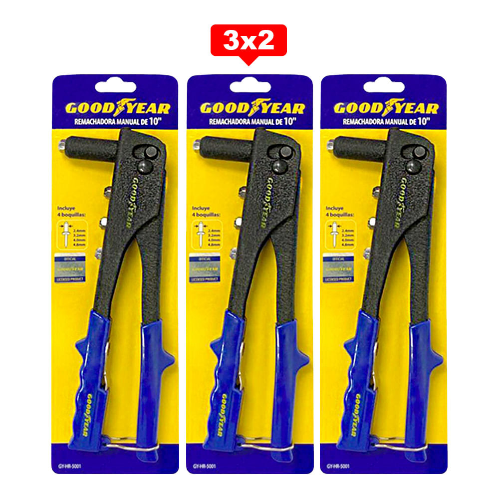Pack 3x2 Remachadora Manual Goodyear GY-HR-5001 Aluminio 10"" 4 Boquillas