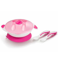 PLATO ANTIDESLIZANTE CON DOS CUBIERTOS ROSADO