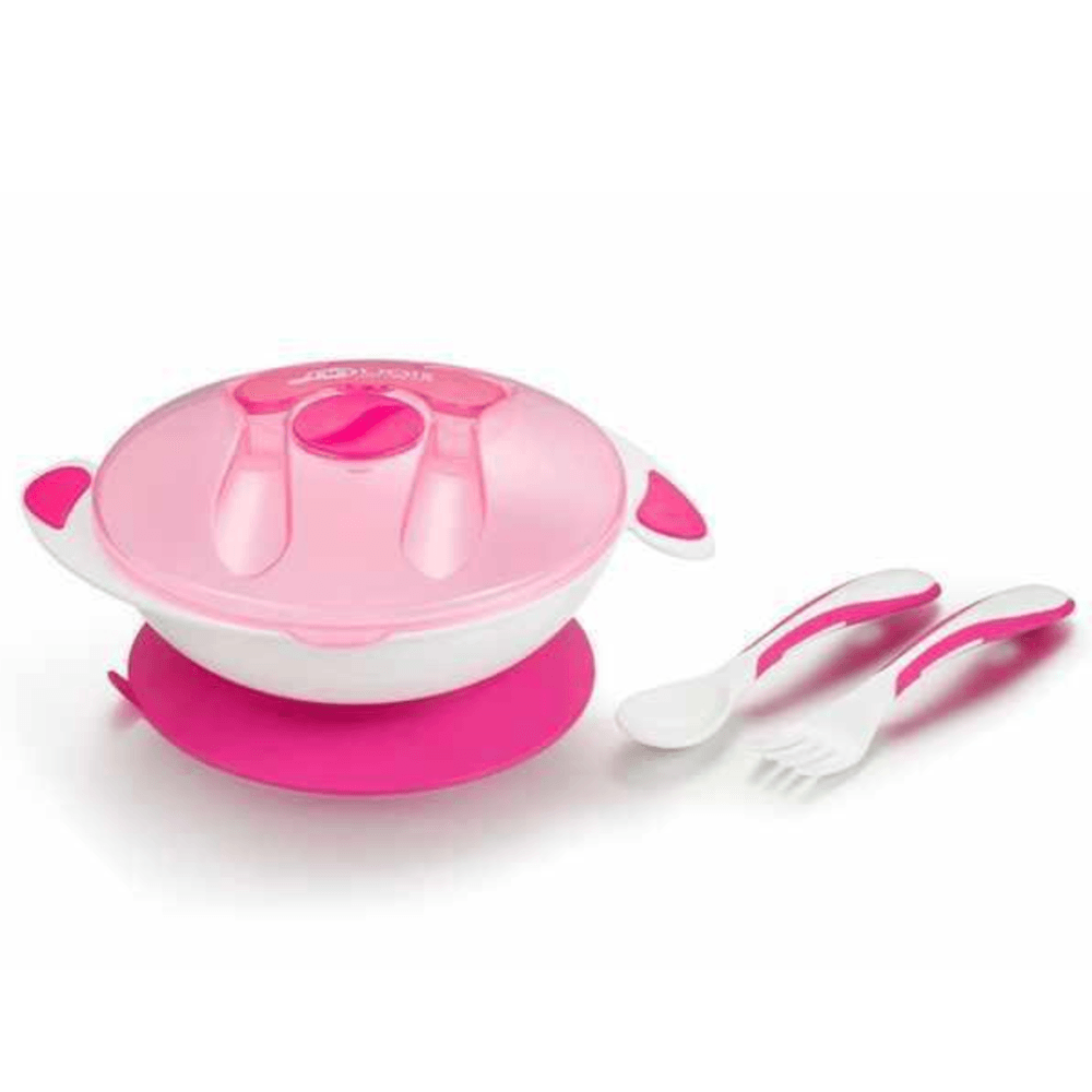 PLATO ANTIDESLIZANTE CON DOS CUBIERTOS ROSADO