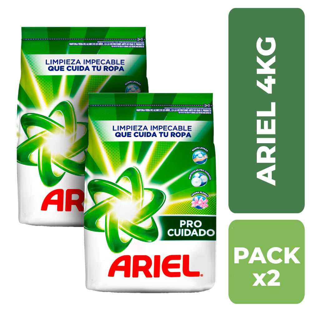 Pack Detergente en Polvo ARIEL Perlas Limpiadoras Bolsa 4Kg Paquete 2un