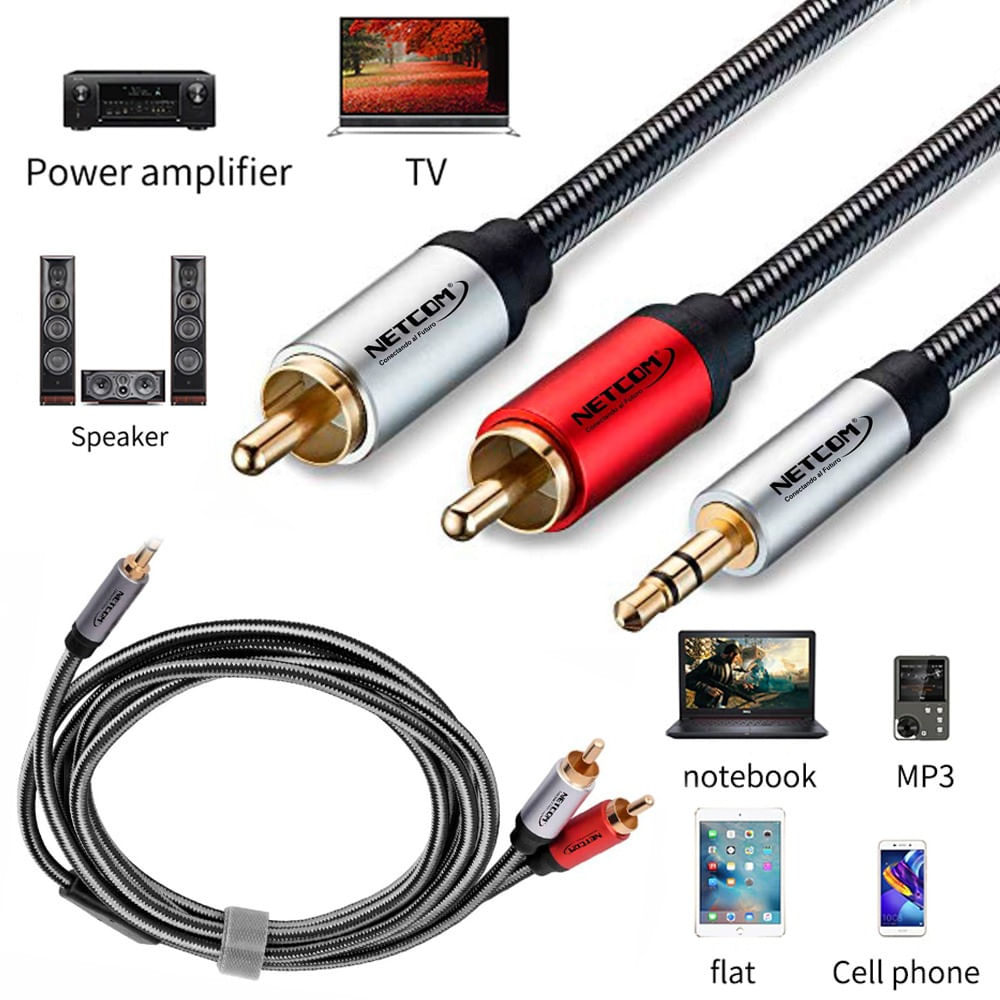 Cable de audio Plug 3.5mm a 2 RCA Macho 1.8 Metros NETCOM