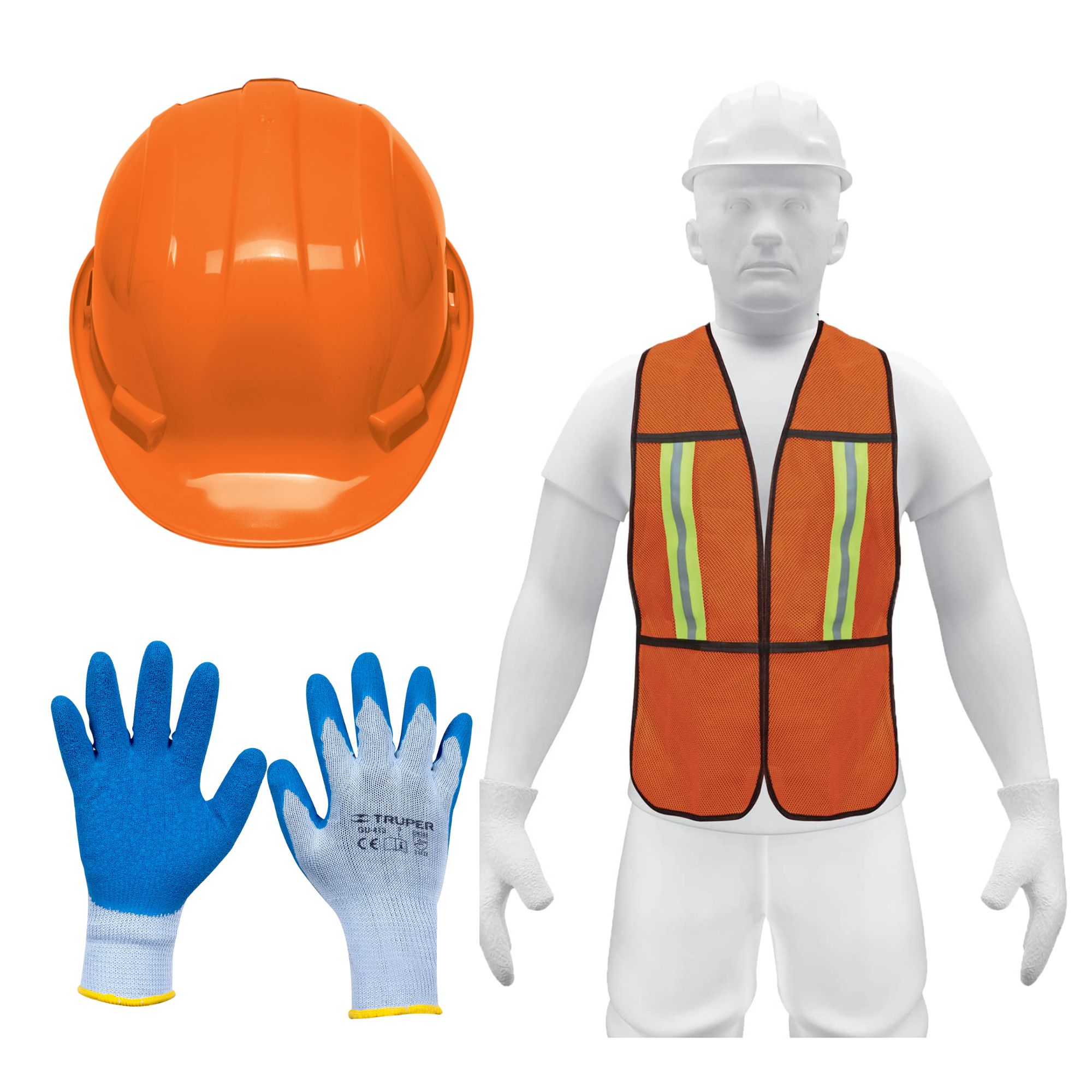 Kit casco de seguridad naranja guantes chaleco