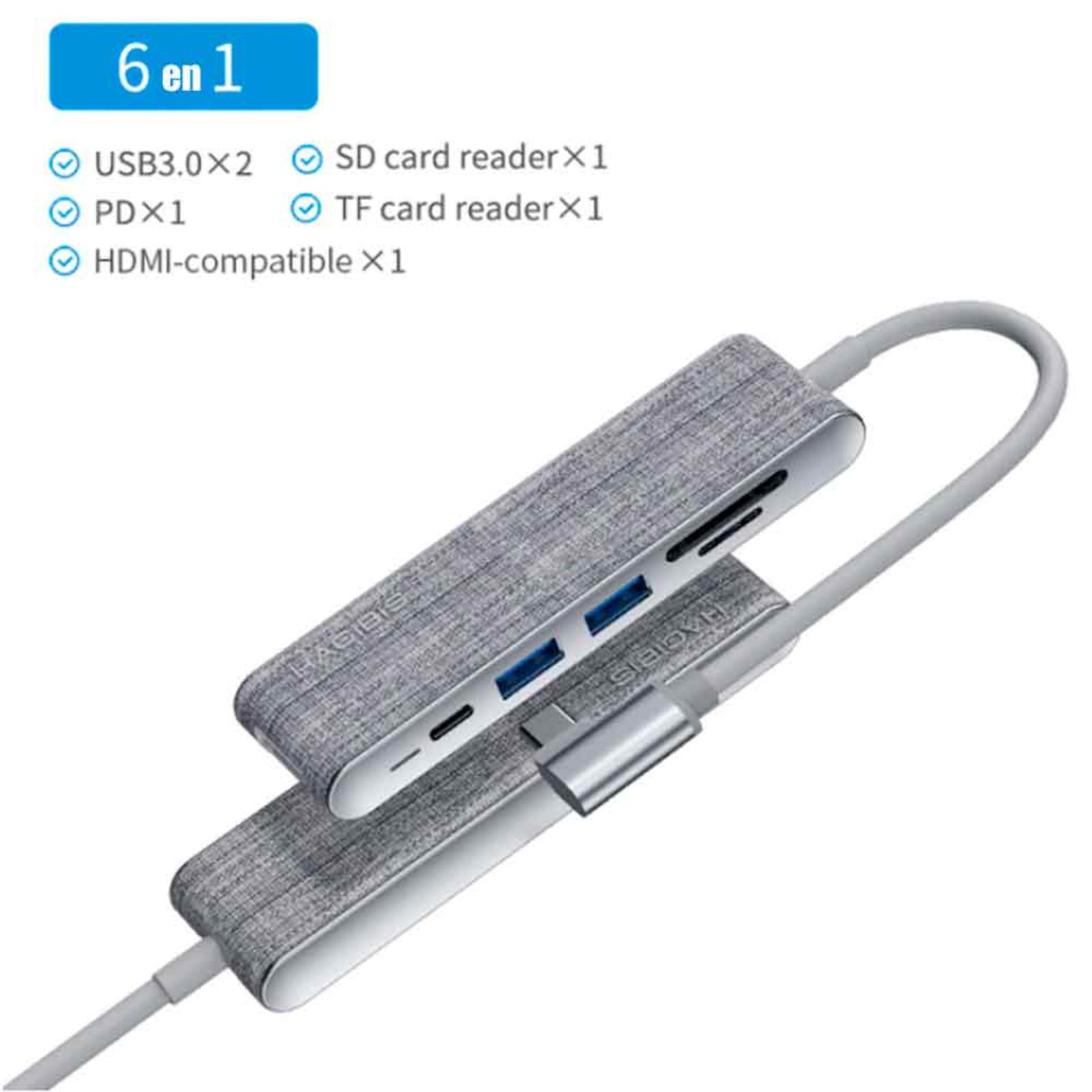 Adaptador USB C a HDMI 4K + 2 xUSB3.0 + MicroSD + PD Carga + TF