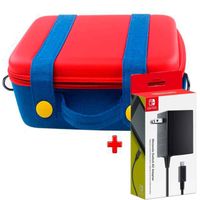 Pack Maleta para Nintendo Switch y Oled Grande Rojo Azul y Cargador Original