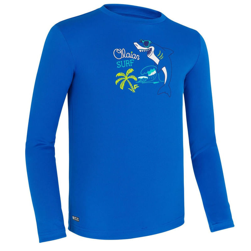 CAMISETA PROTECCIÓN SOLAR SURF NIÑOS OLAIAN ESTAMPADO MANGA LARGA AZUL