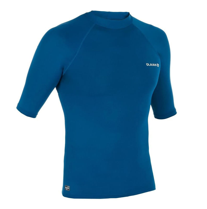 CAMISETA PROTECCIÓN SOLAR SURF HOMBRE OLAIAN 100 MANGA CORTA AZUL DE PRUSIA