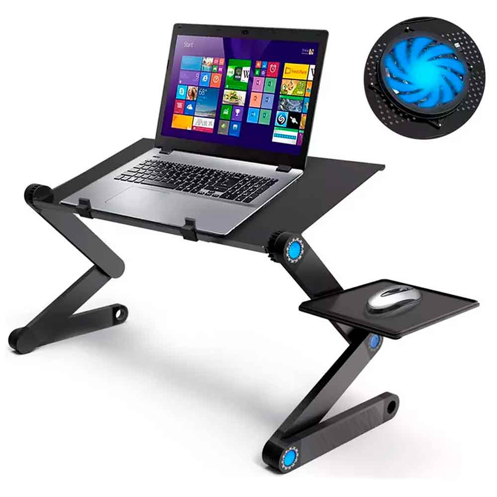 Mesa Portátil Multifuncional para Laptop y Mouse con 2 Ventiladores, Articulable, Aluminio, Negro