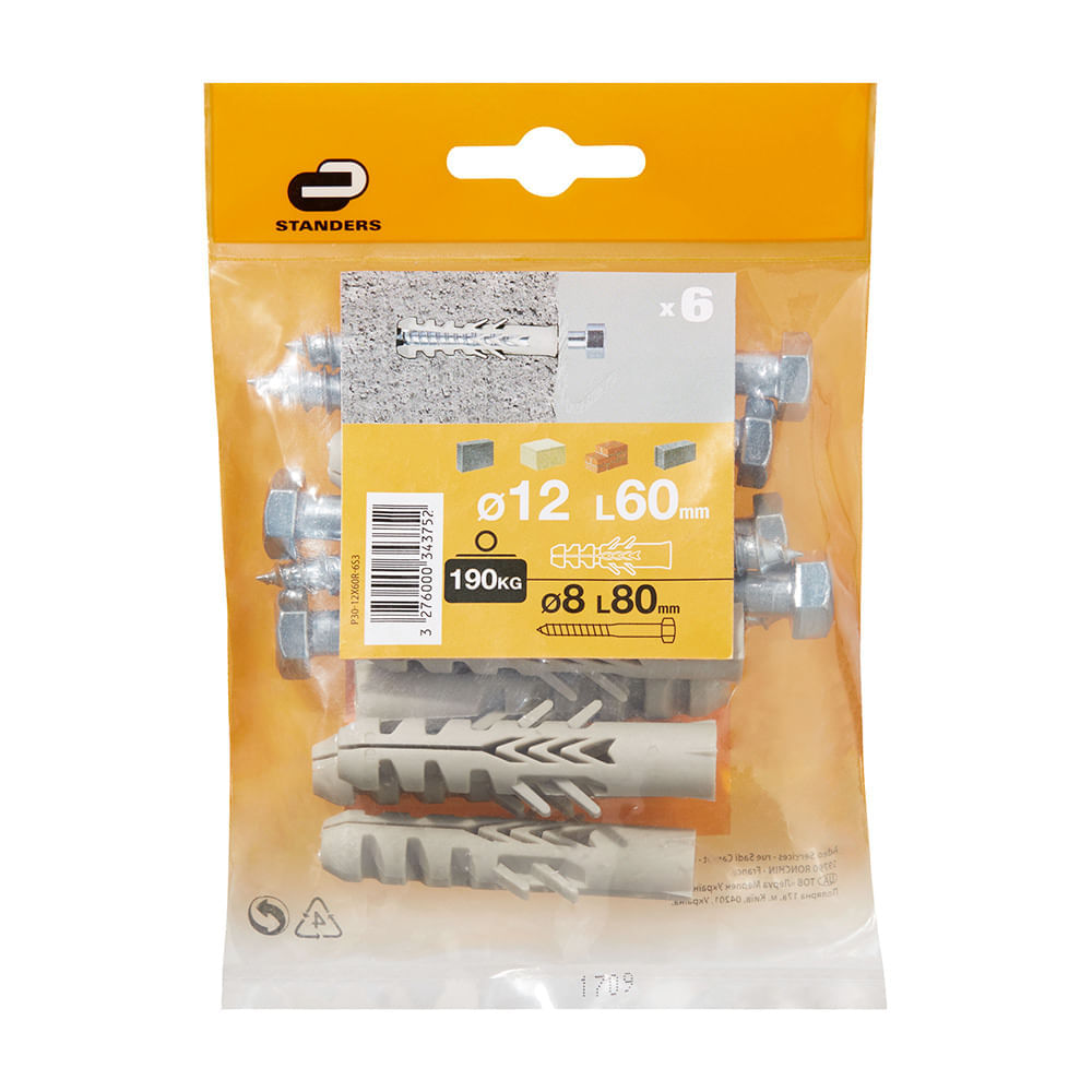 Tornillo + Tarugo 12x60mm x 6 unidades