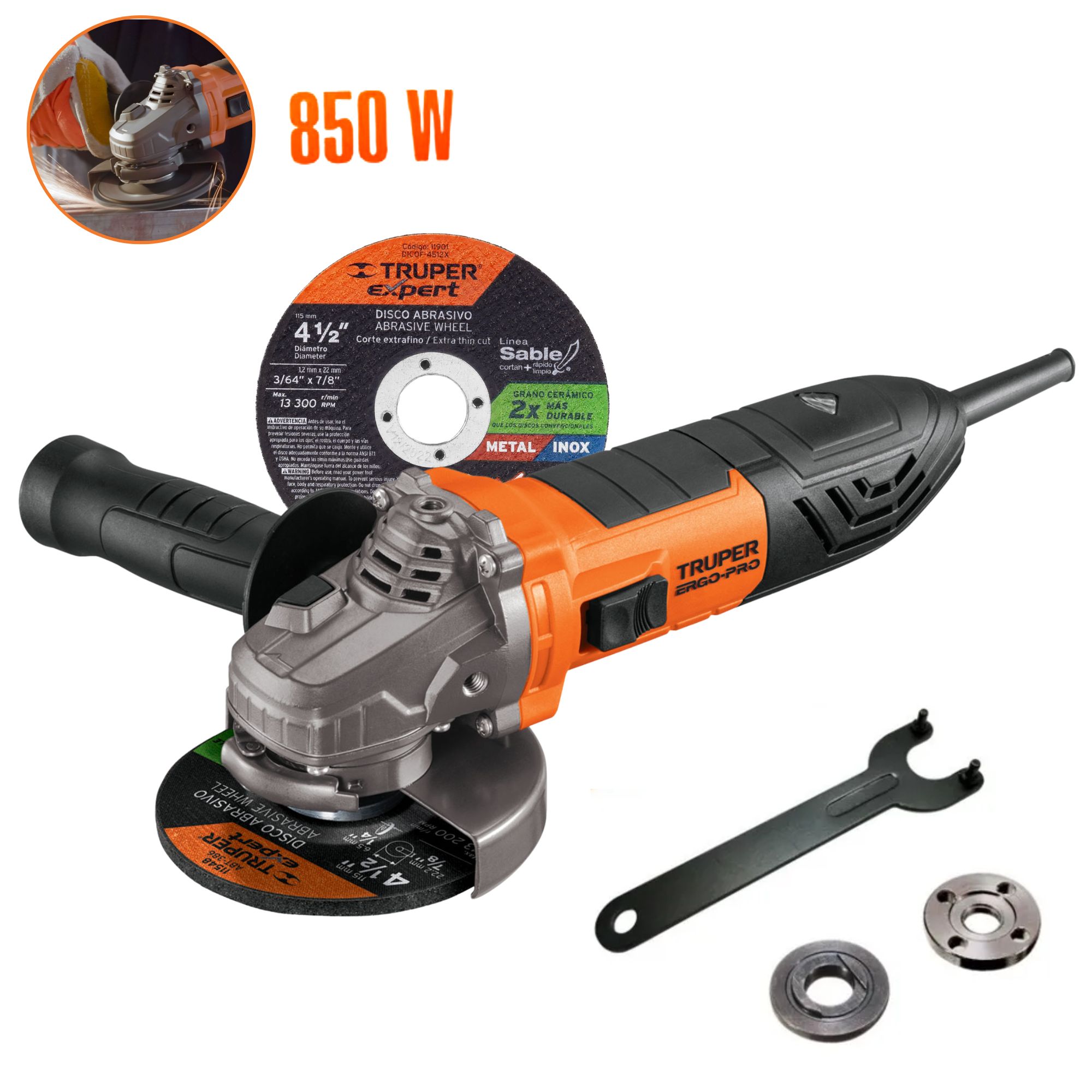Amoladora Esmeril Angular 4 1/2"" 850 W Truper ERGO-PRO