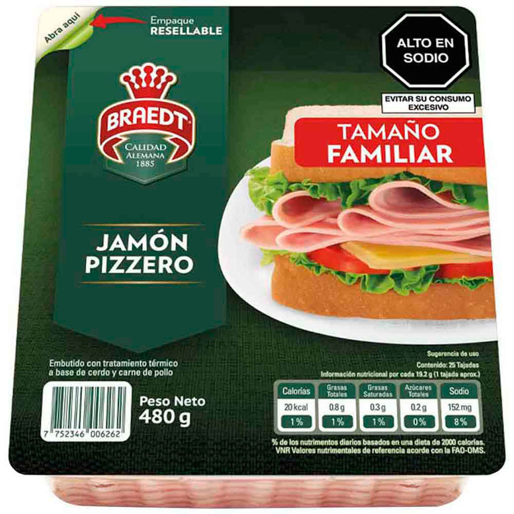 Jamón Pizzero BRAEDT Tamaño Familiar Empaque 480g