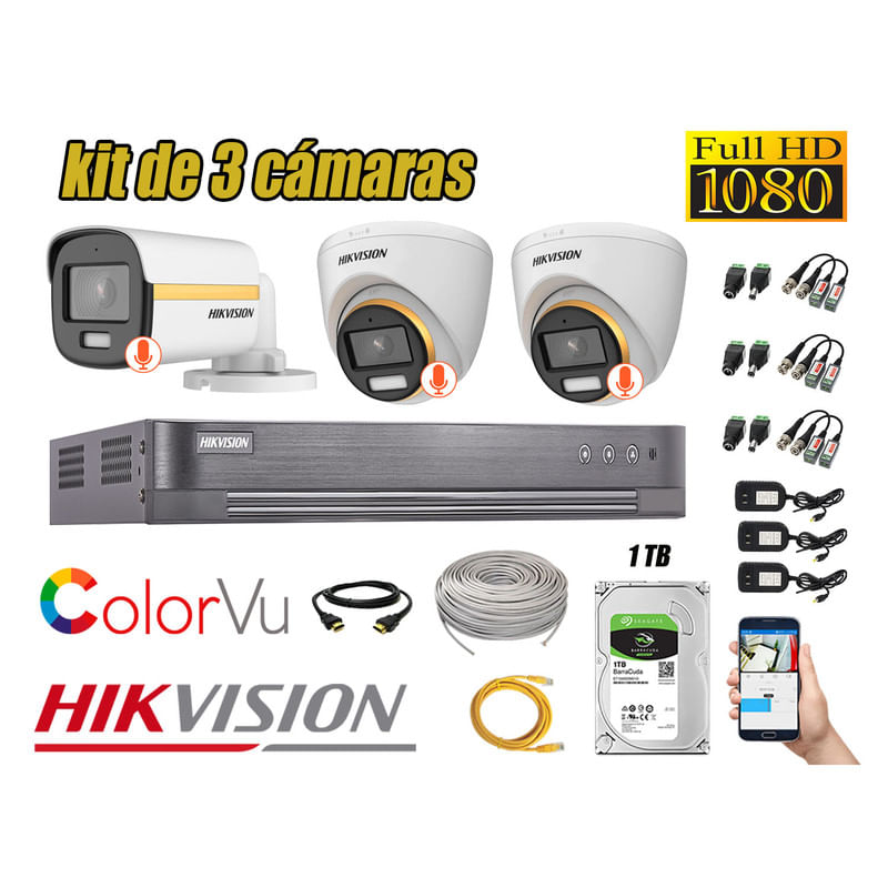 CÁMARAS SEGURIDAD KIT 3 HIKVISION 1080P | COLORVU VISION COLOR 1TB