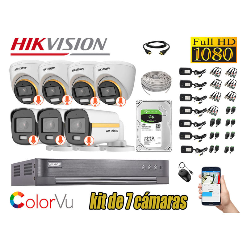 CÁMARAS SEGURIDAD KIT 7 FULL HD HIKVISION | COLORVU VISION COLOR 2TB