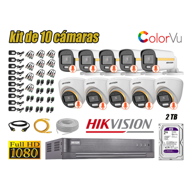 CÁMARAS SEGURIDAD KIT 10 HIKVISION 1080P | COLORVU VISION COLOR 2TB