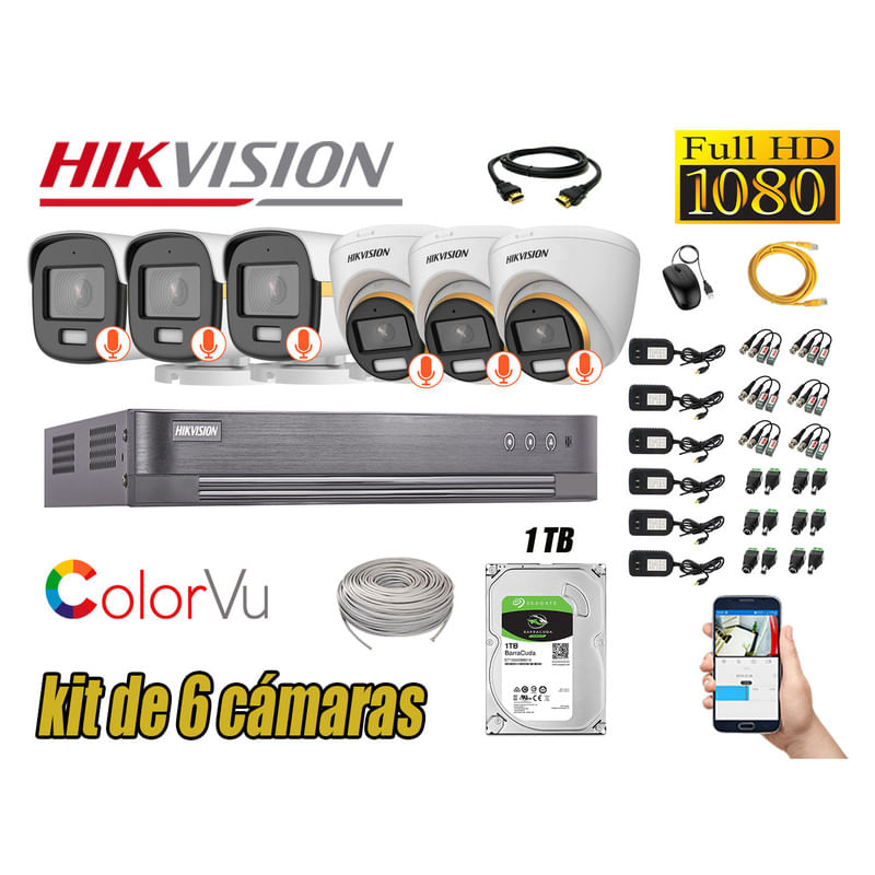CÁMARAS SEGURIDAD KIT 6 HIKVISION 1080P | COLORVU VISION COLOR 1TB