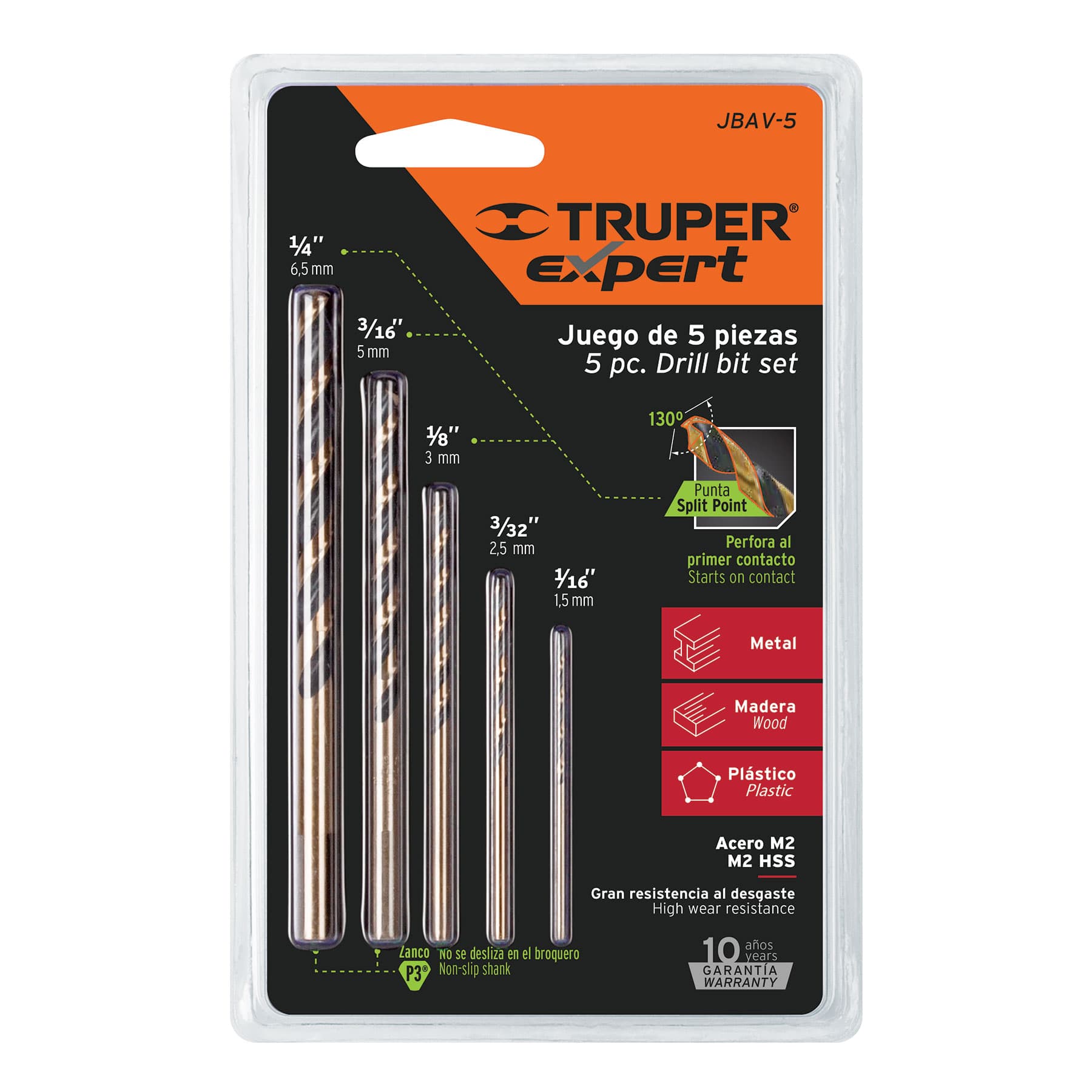 Juego de 5 brocas para metal HSS Truper