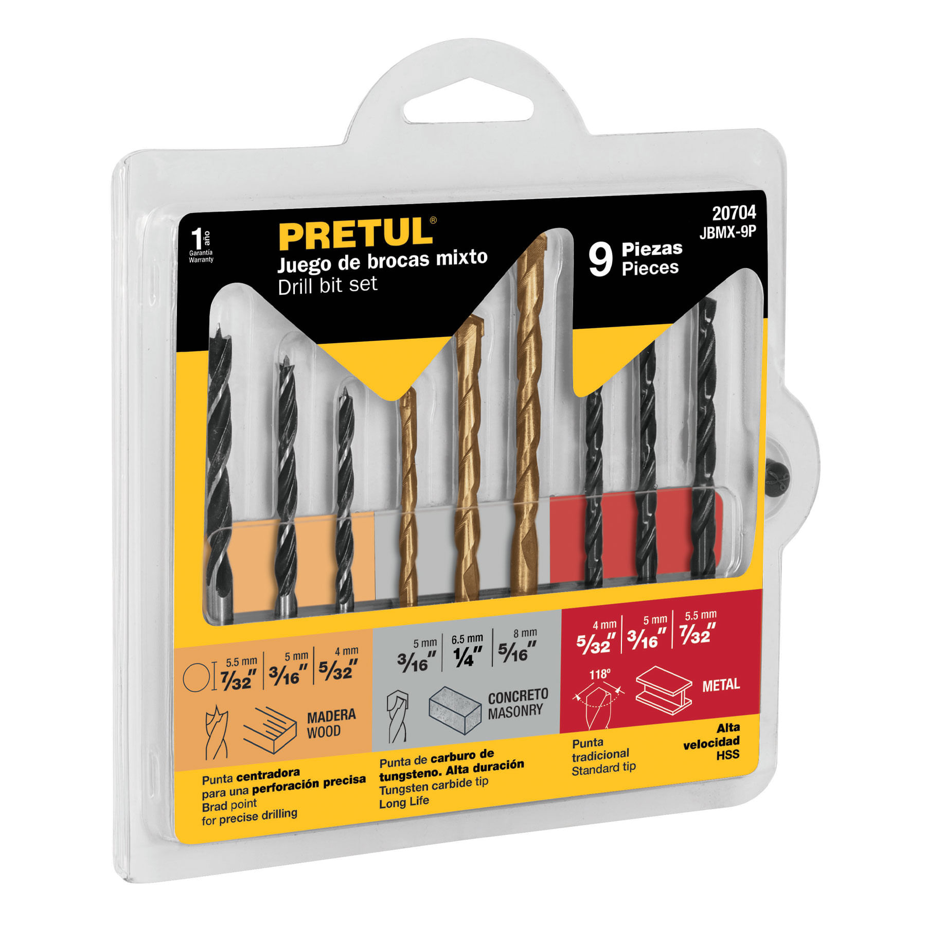 Juego de 9 brocas para metal, concreto y madera, pretul