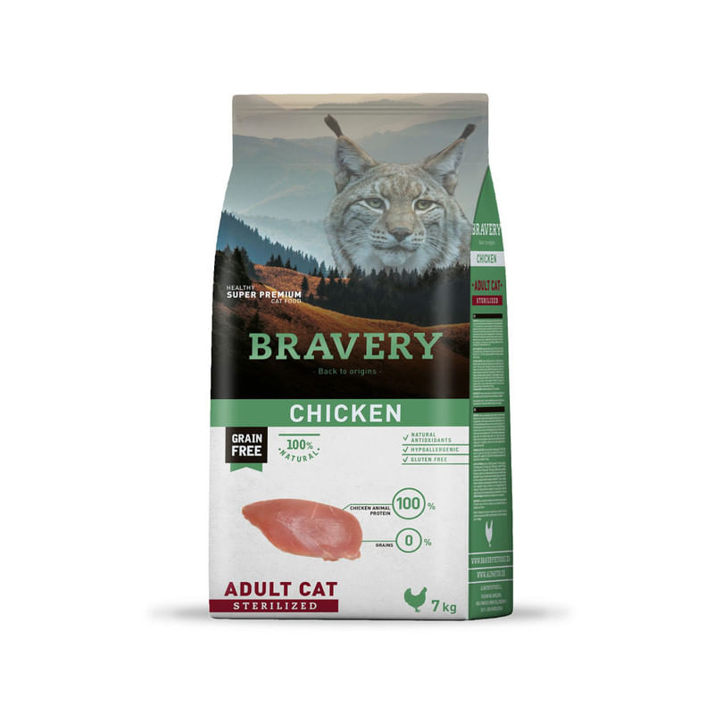 Alimento para Gatos Adultos Esterilizado Bravery Pollo 7 Kg