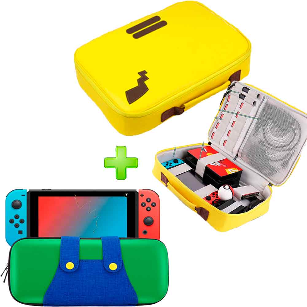 Pack Maleta para Nintendo Switch y Oled Pikachu Amarillo + Estuche Luigi Verde/Azul