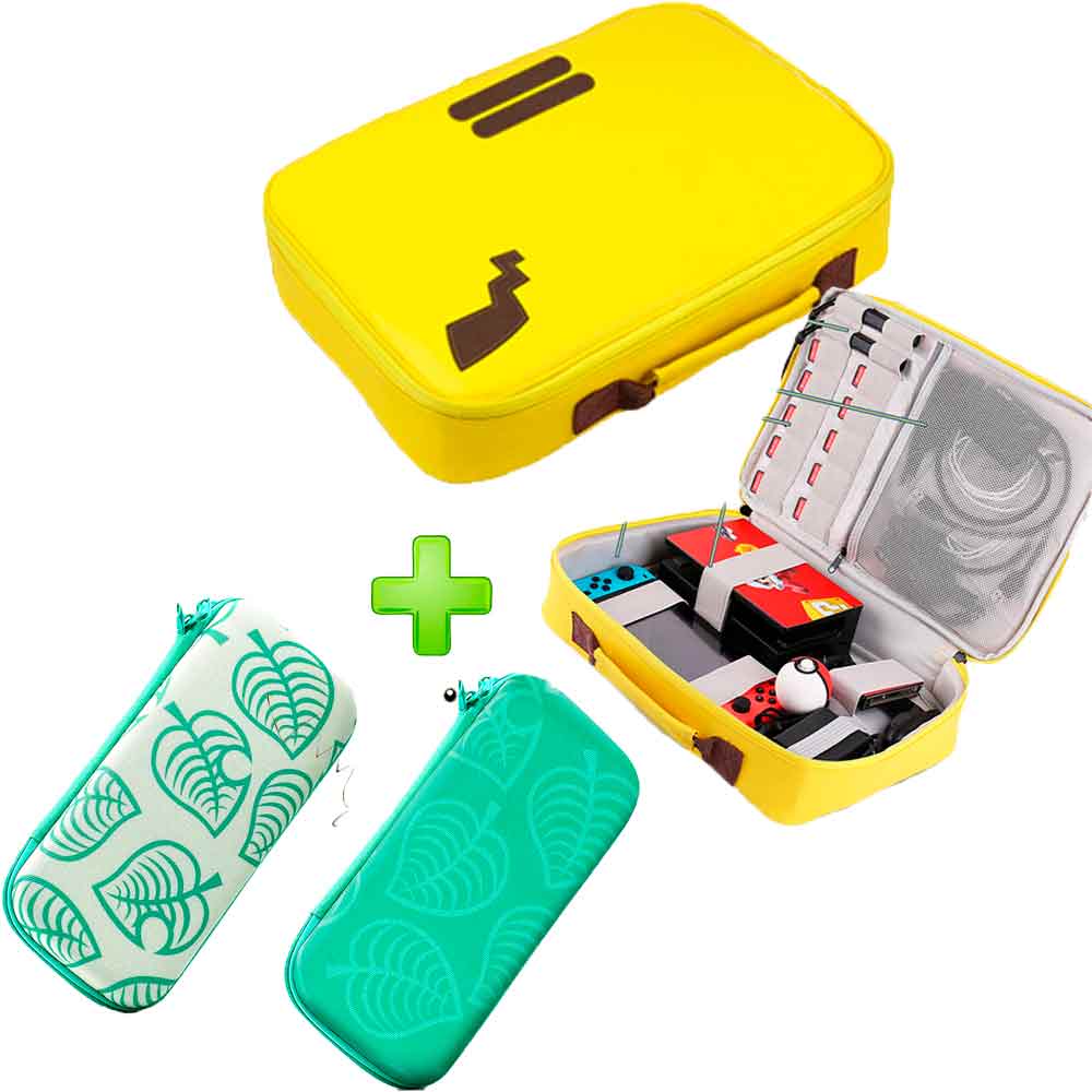 Pack Maleta para Nintendo Switch y Oled Pikachu Amarillo + Estuche Verde Oscuro/Blanco