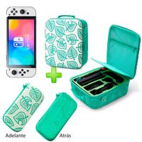 Pack Maleta para Nintendo Switch y Oled Verde Animal Cross + Estuche Verde Oscuro/Blanco + Mica Oled