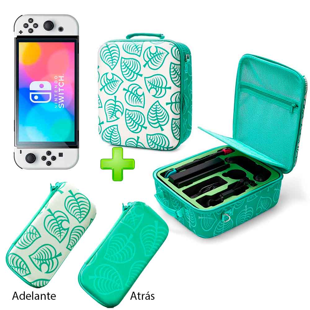 Pack Maleta para Nintendo Switch y Oled Verde Animal Cross + Estuche Verde Oscuro/Blanco + Mica Oled