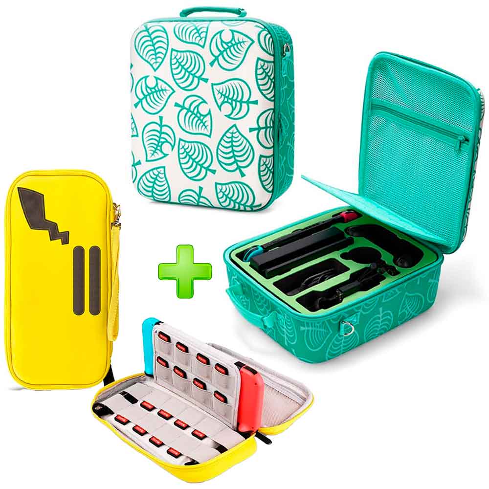 Pack Maleta para Nintendo Switch y Oled Verde Animal Crossing + Estuche Amarillo