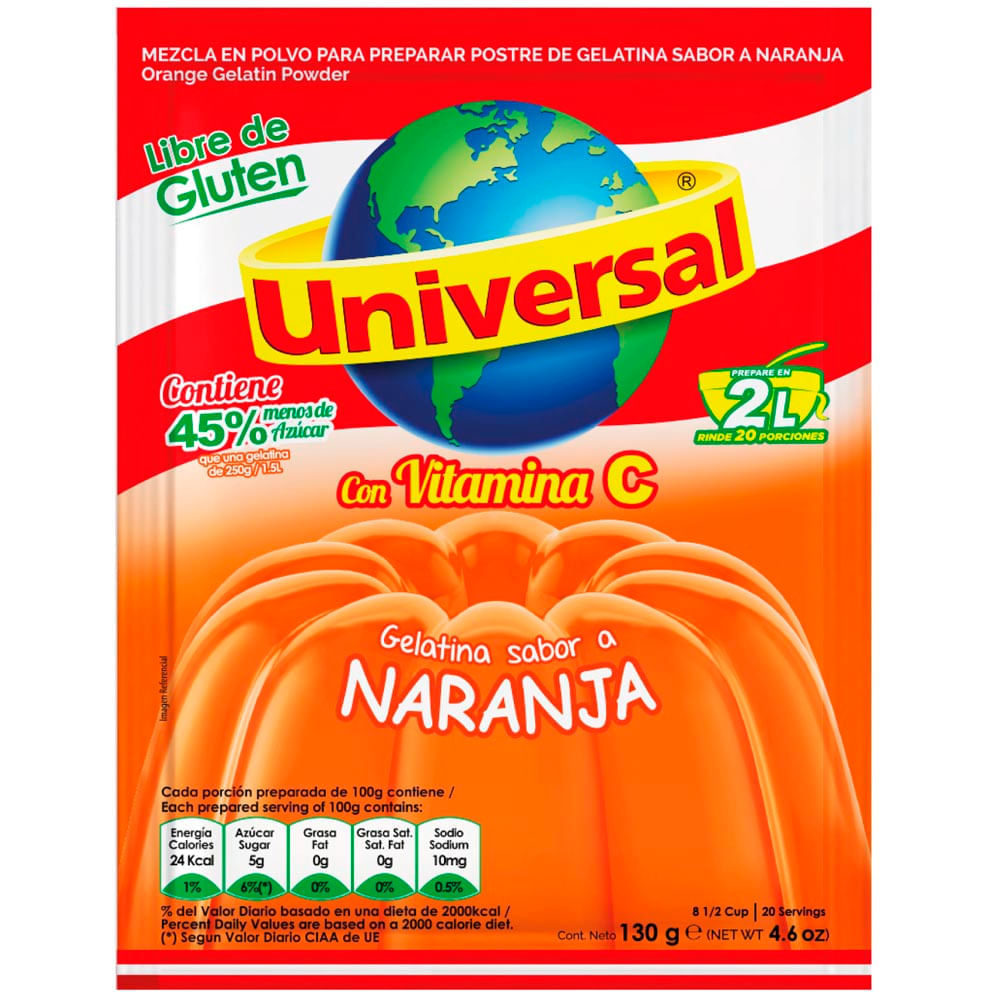 Gelatina UNIVERSAL Sabor a Naranja Bolsa 130g