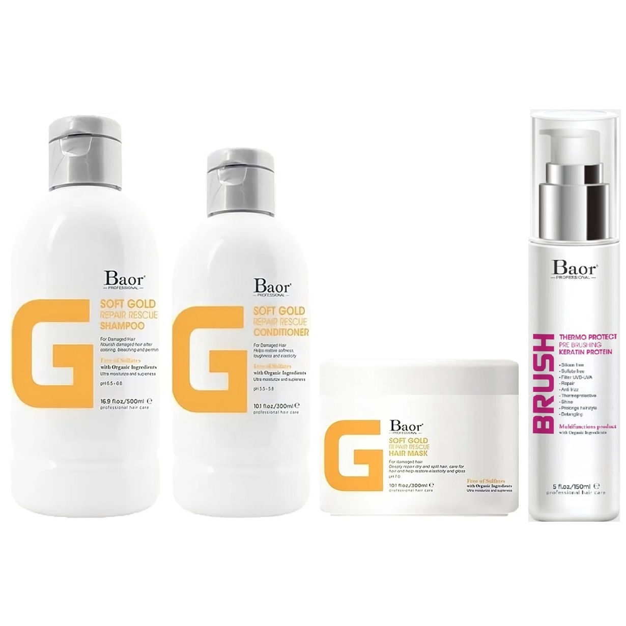 Shampoo + Acondicionador + Mascarilla + Brush Baor G Soft Gold