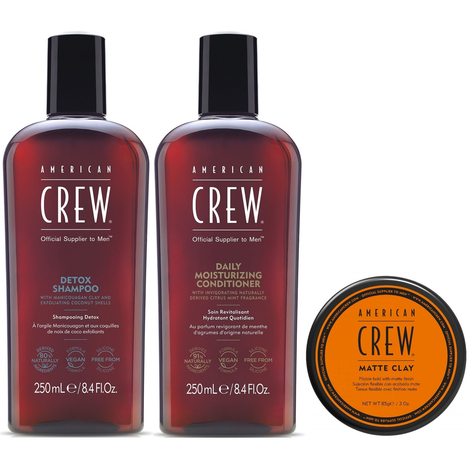 Shampoo Detox + Acondicionador + Cera Matte Clay American Crew Men